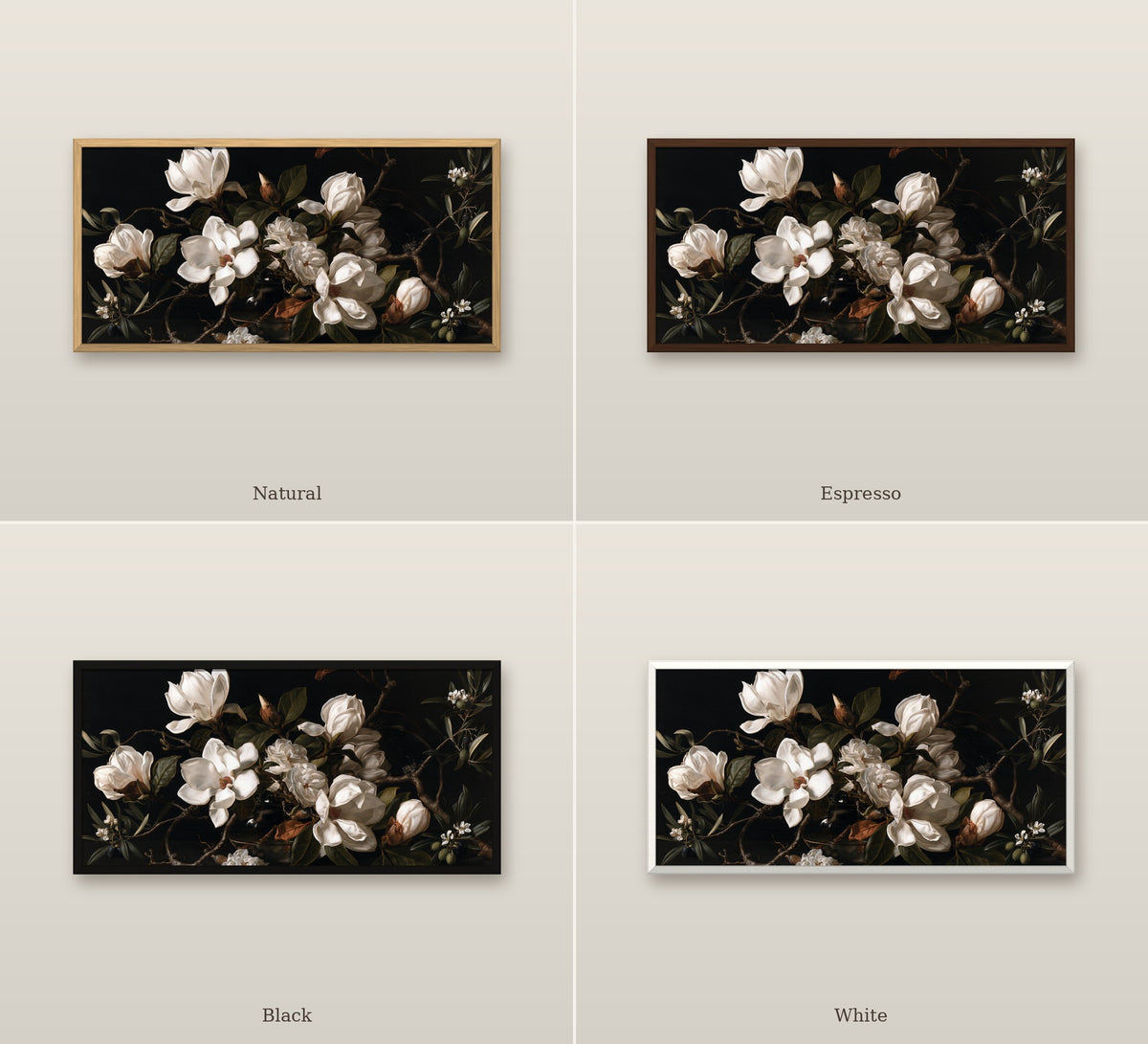 Magnolia Nocturne framed canvas shown in Natural, Espresso, Black and White frames