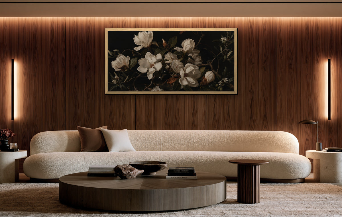Magnolia Nocturne framed canvas in a walnut-paneled living room