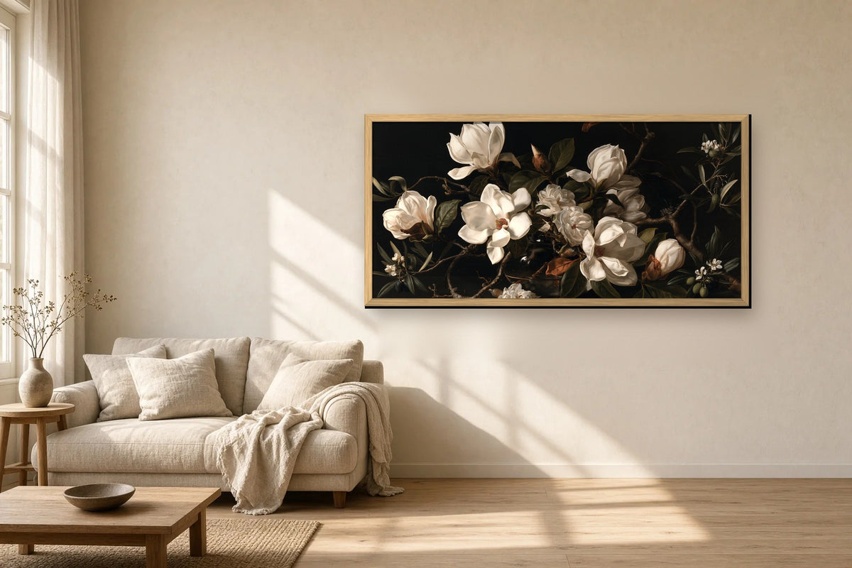 Magnolia Nocturne framed canvas in a sunlit living room
