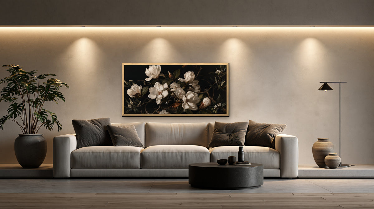 Magnolia Nocturne framed canvas in a concrete loft living room