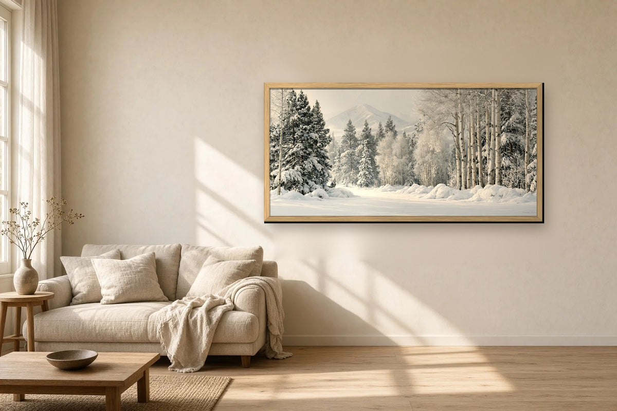 Hiver Silencieux framed canvas in a sunlit living room