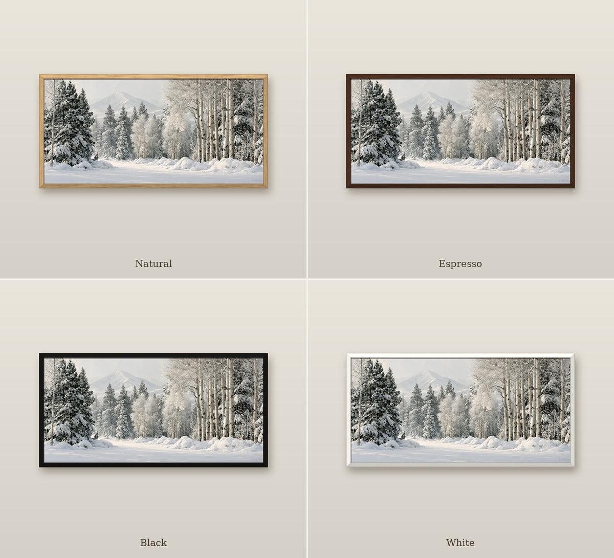 Hiver Silencieux framed canvas shown in Natural, Espresso, Black and White frames