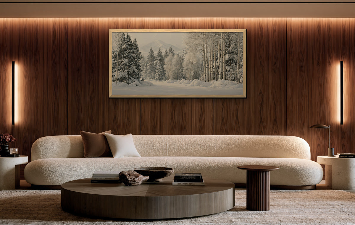 Hiver Silencieux framed canvas in a walnut-paneled living room