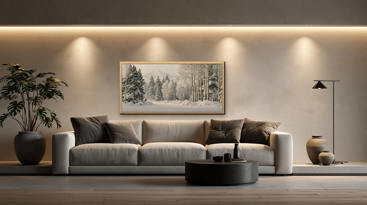 Hiver Silencieux framed canvas in a concrete loft living room
