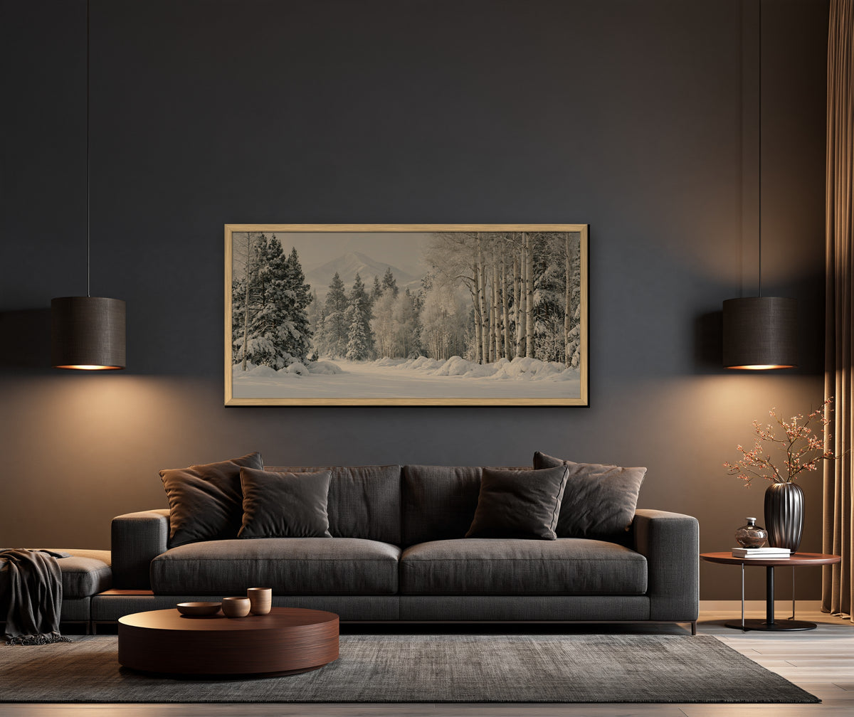 Hiver Silencieux framed canvas in a dark living room