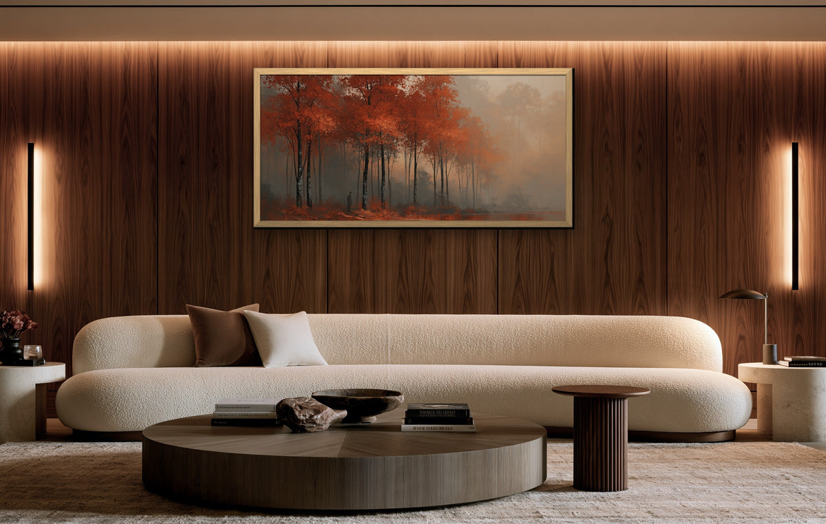 Forêt d'Automne framed canvas in a walnut-paneled living room