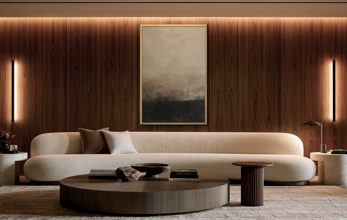 Ombre et Sable framed canvas in a walnut-paneled living room