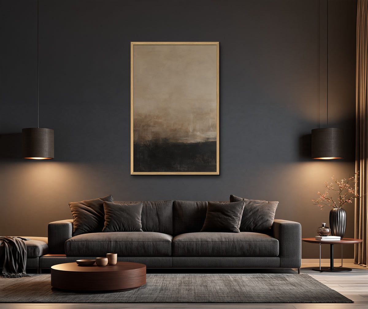 Ombre et Sable framed canvas in a dark living room