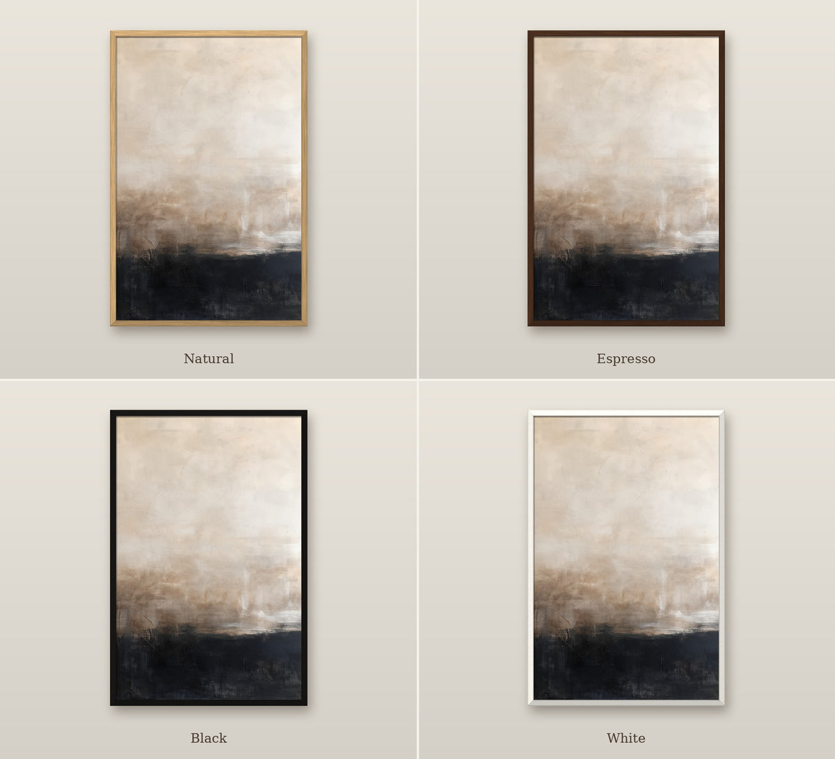 Ombre et Sable framed canvas shown in Natural, Espresso, Black and White frames