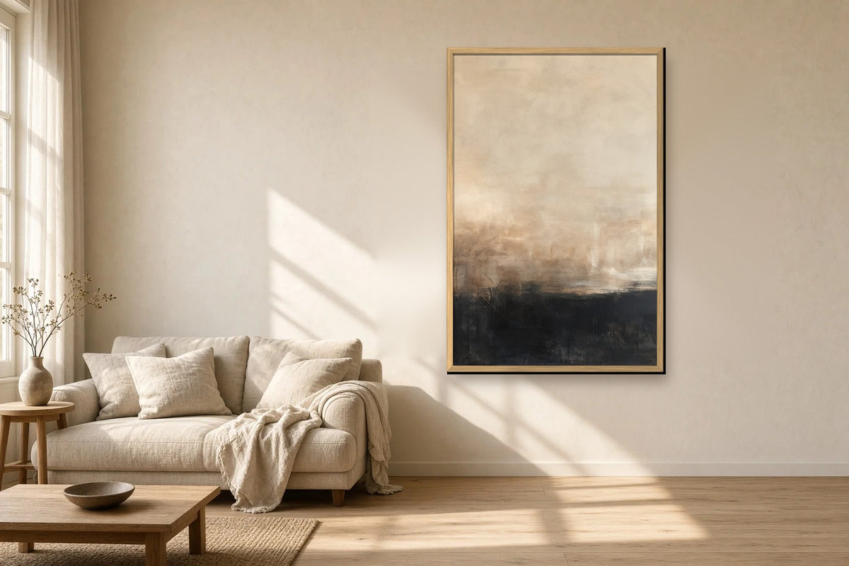 Ombre et Sable framed canvas in a sunlit living room