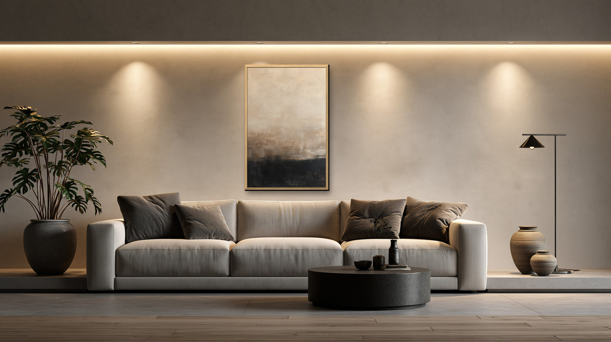 Ombre et Sable framed canvas in a concrete loft living room