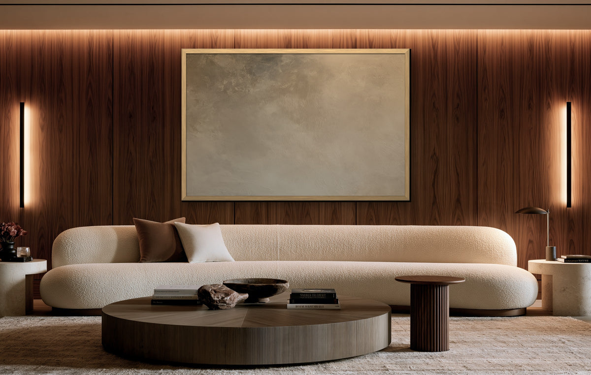 Brume Dorée framed canvas in a walnut-paneled living room
