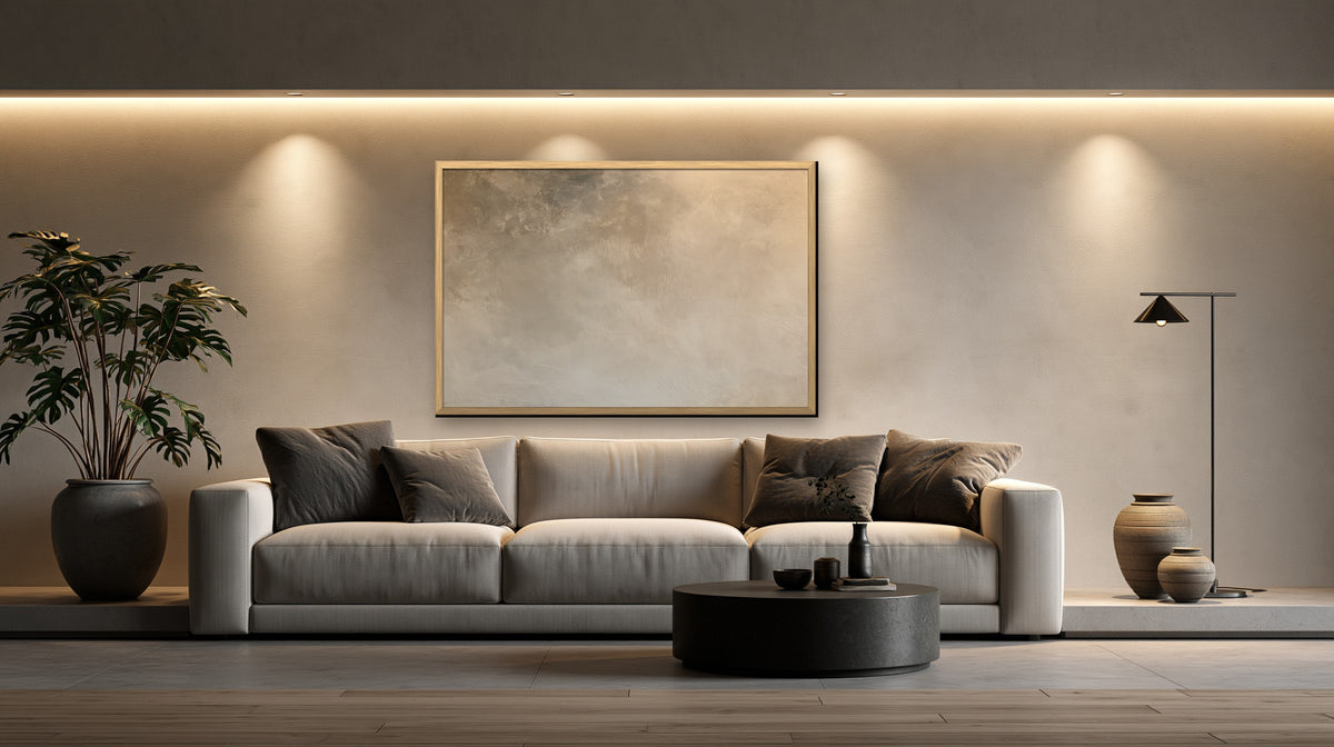 Brume Dorée framed canvas in a concrete loft living room