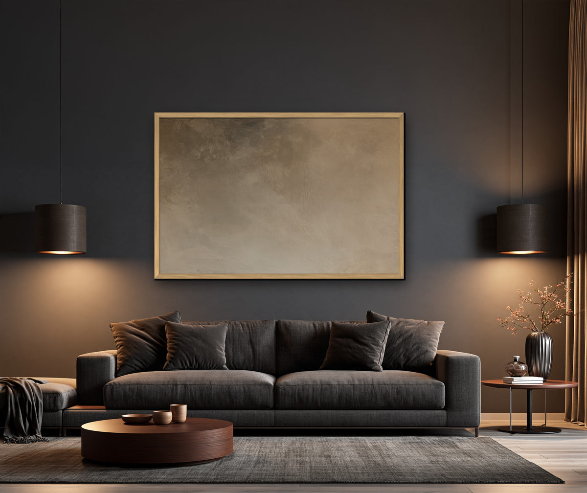 Brume Dorée framed canvas in a dark living room