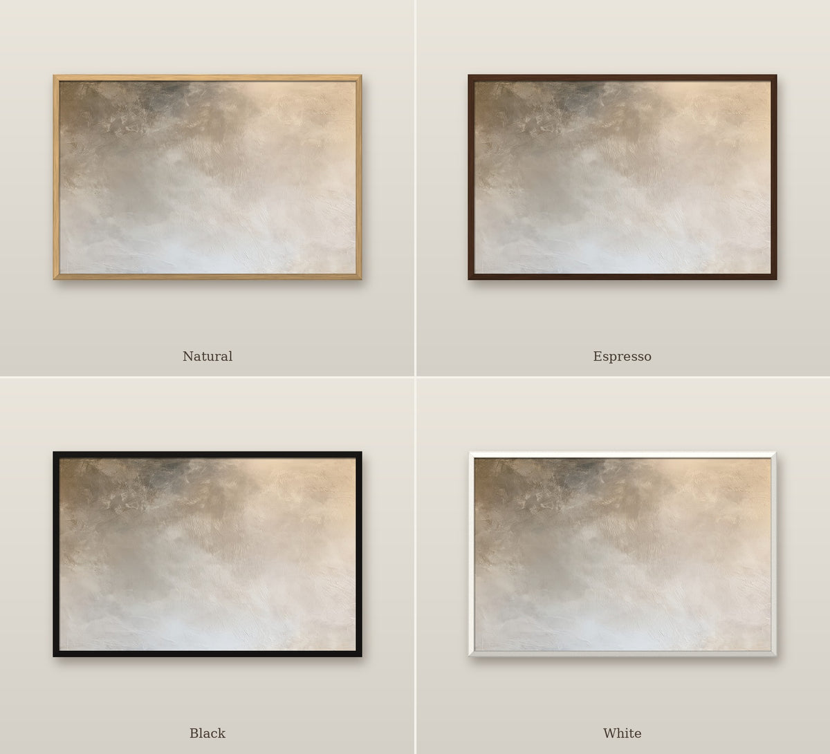 Brume Dorée framed canvas shown in Natural, Espresso, Black and White frames