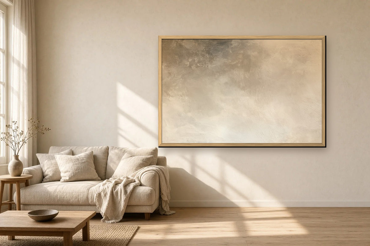 Brume Dorée framed canvas in a sunlit living room