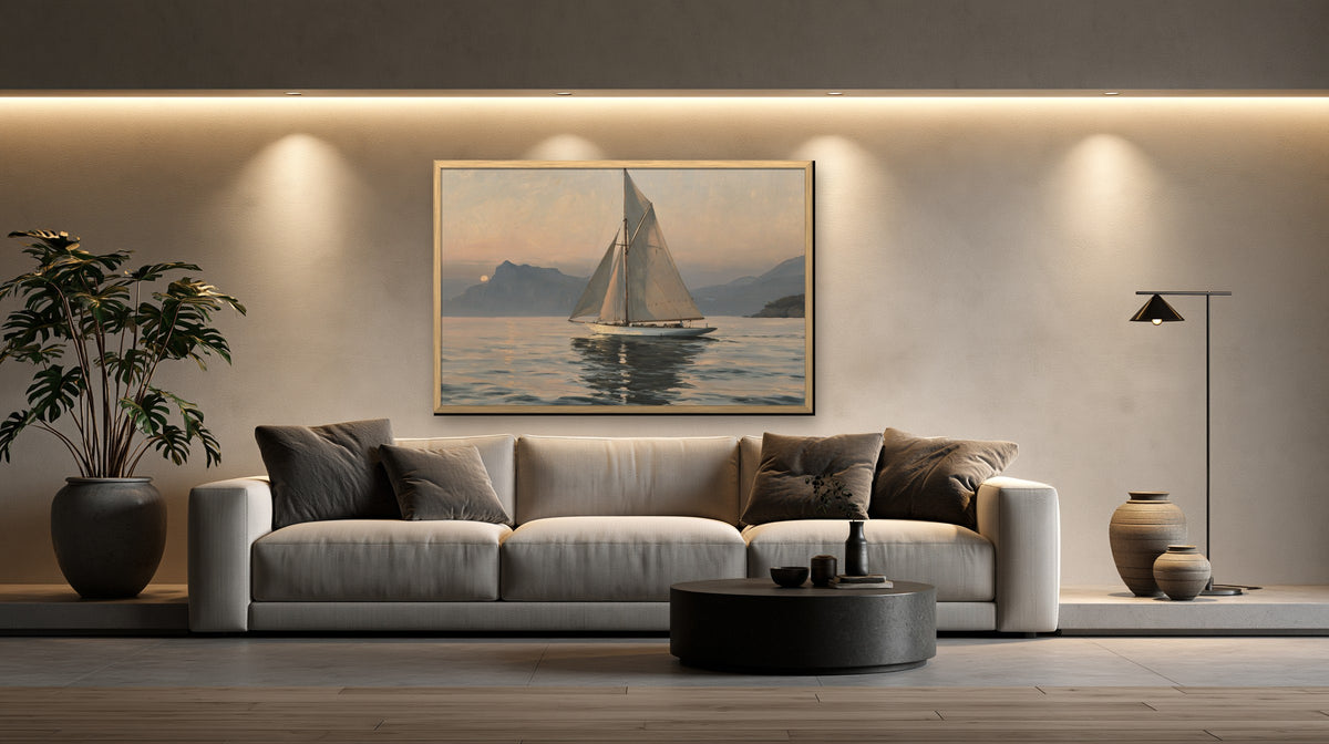 Dusk Regatta framed canvas in a concrete loft living room