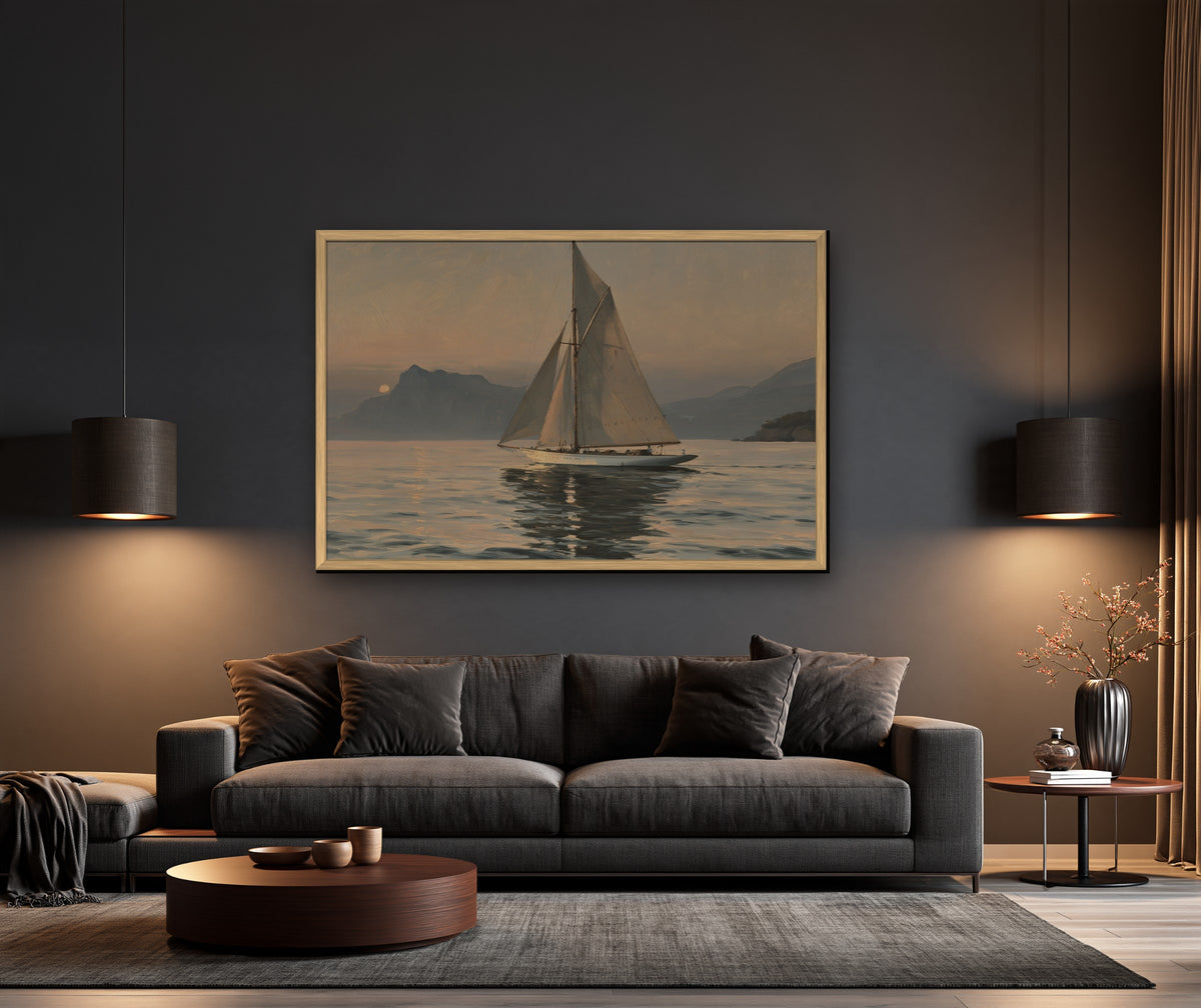 Dusk Regatta framed canvas in a dark living room