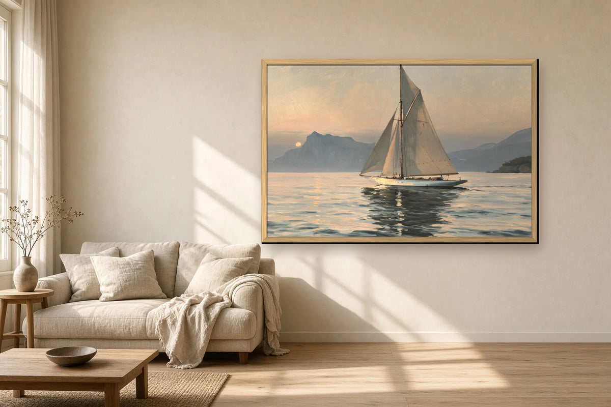 Dusk Regatta framed canvas in a sunlit living room