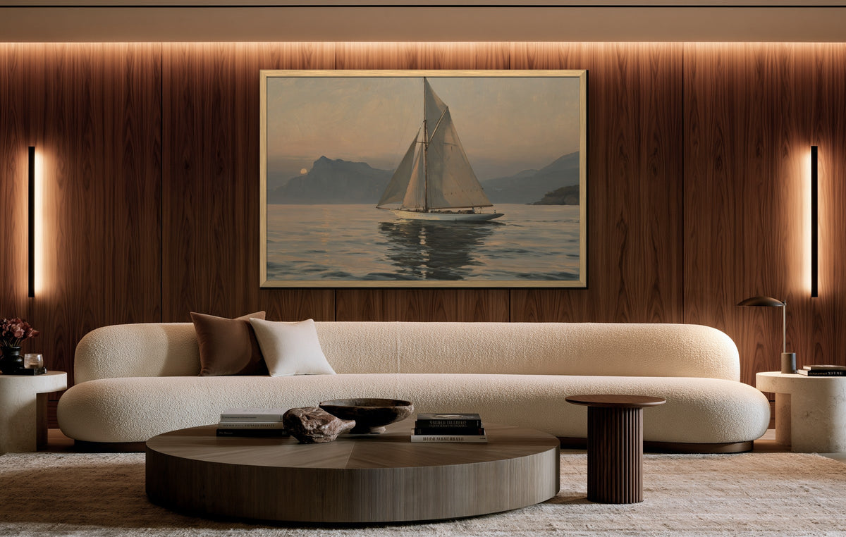 Dusk Regatta framed canvas in a walnut-paneled living room