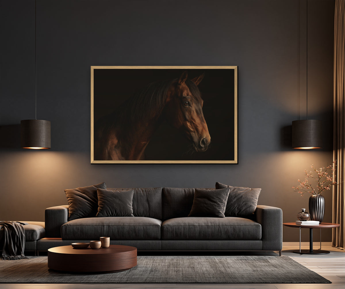 The Thoroughbred framed canvas in a dark living room