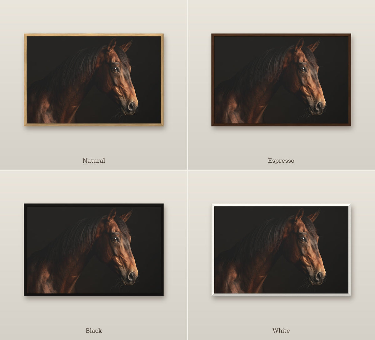 The Thoroughbred framed canvas in four frame colors: Natural, Espresso, Black, White