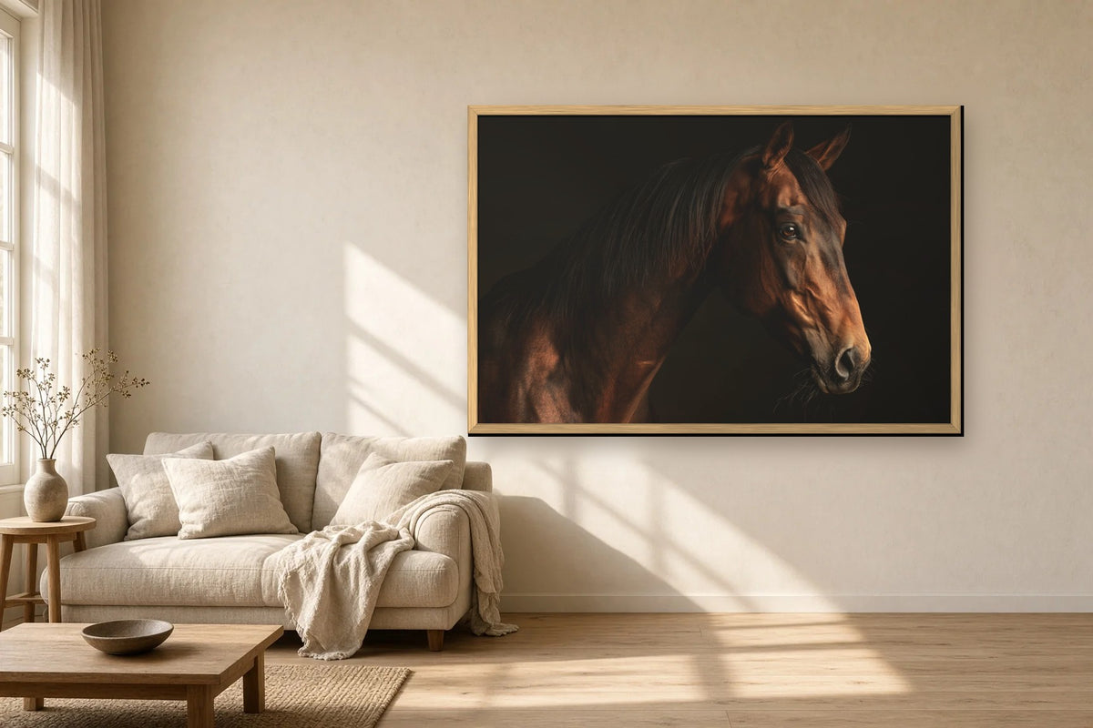 The Thoroughbred framed canvas in a sunlit living room