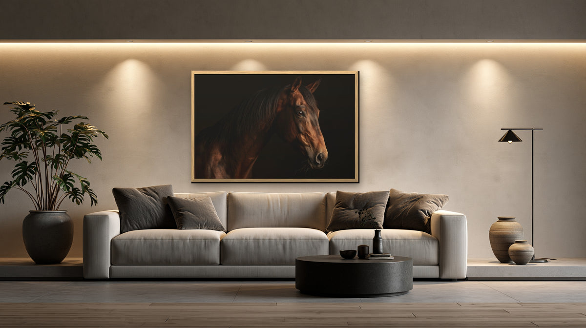 The Thoroughbred framed canvas in a concrete loft living room