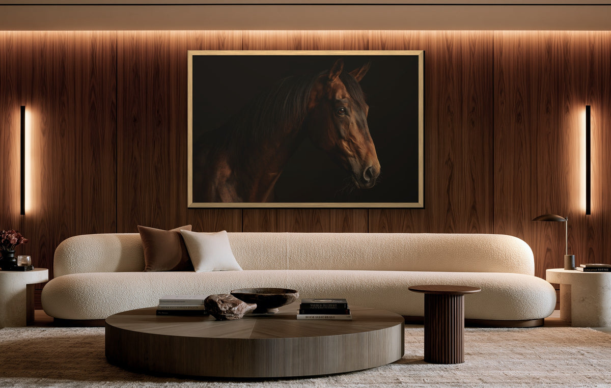The Thoroughbred framed canvas in a walnut-paneled living room