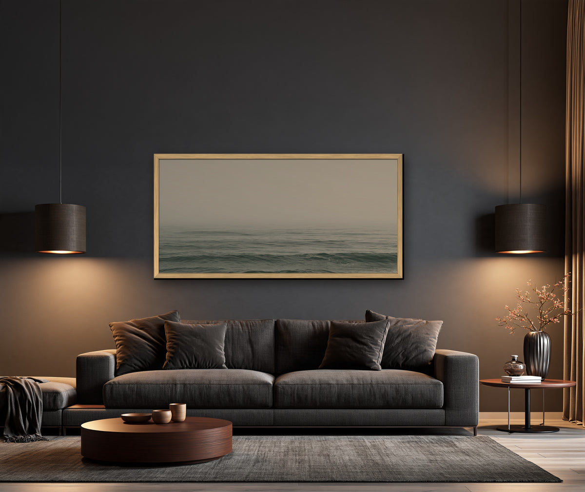 Brume Atlantique framed canvas in a dark living room