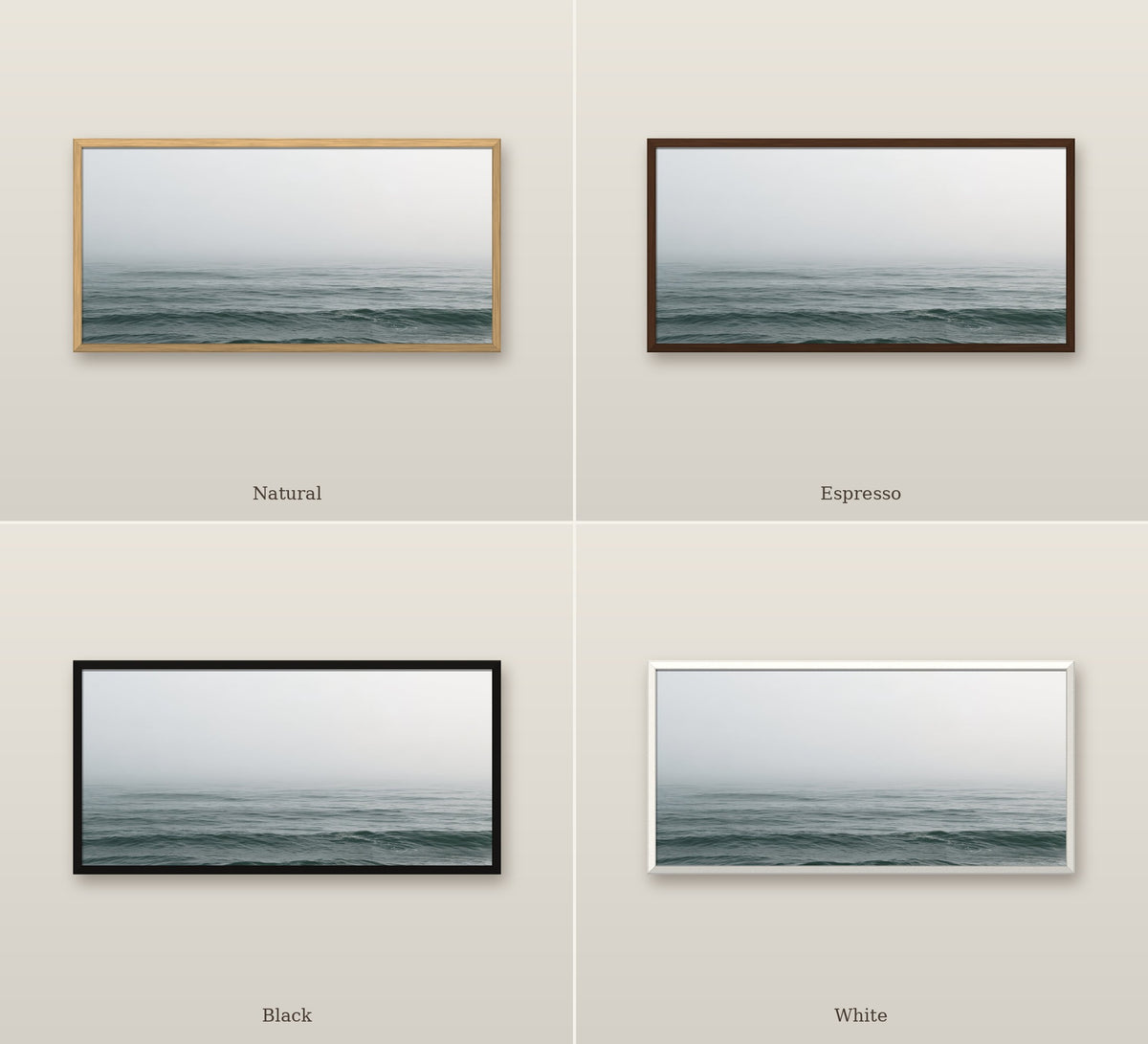 Brume Atlantique framed canvas in four frame colors: Natural, Espresso, Black, White