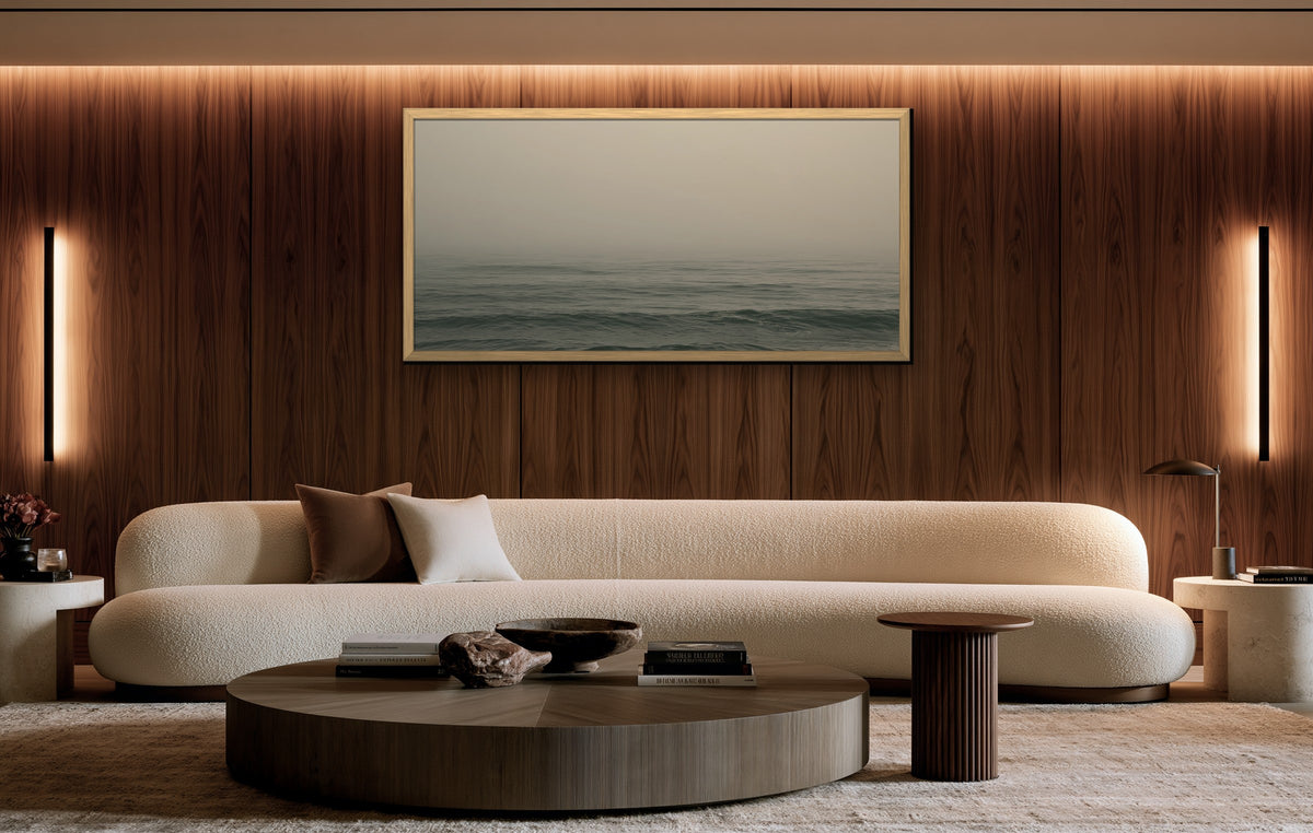 Brume Atlantique framed canvas in a walnut-paneled living room