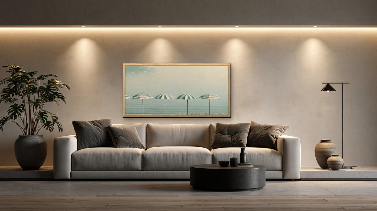 Matin sur la Plage framed canvas in a concrete loft living room
