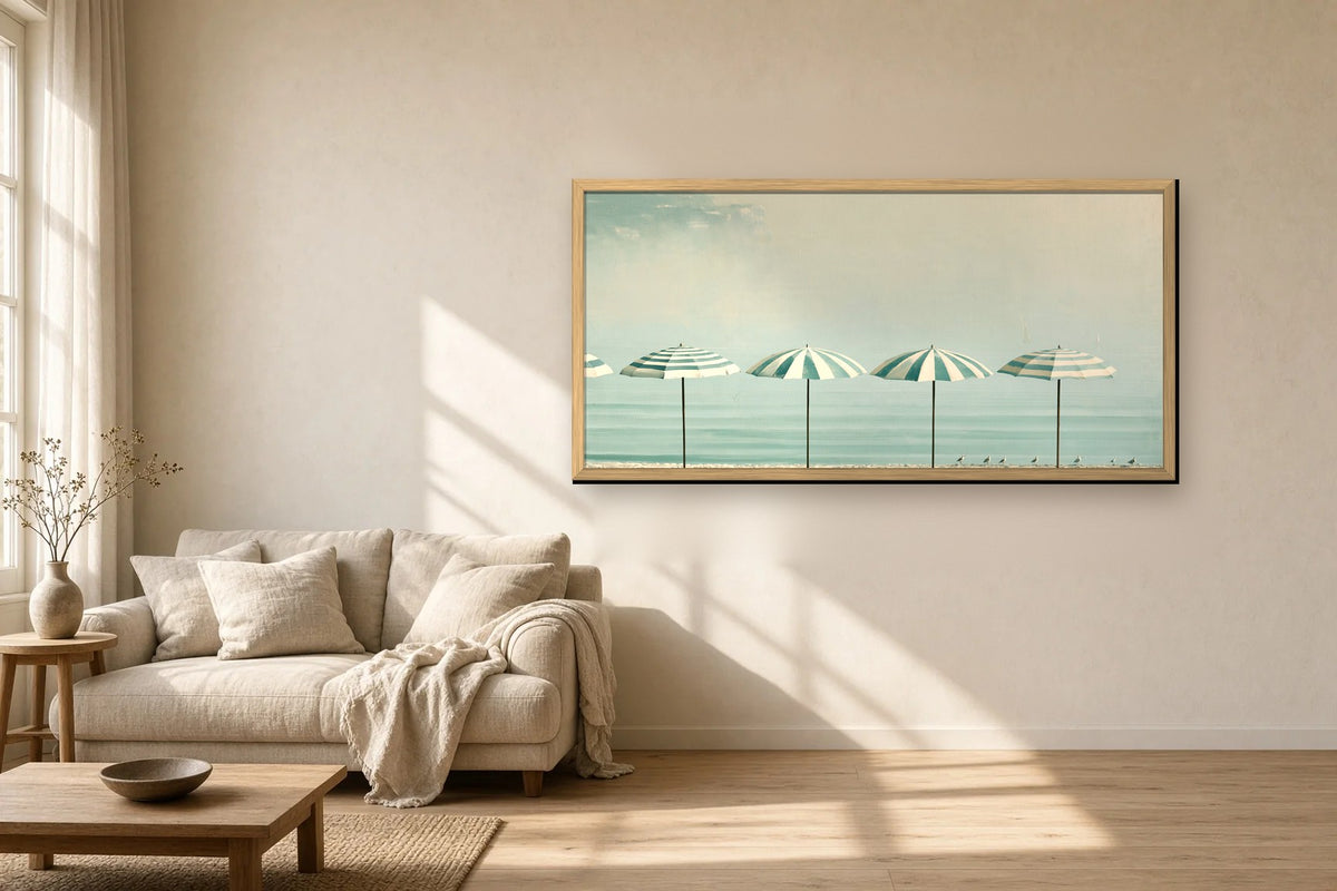 Matin sur la Plage framed canvas in a sunlit living room