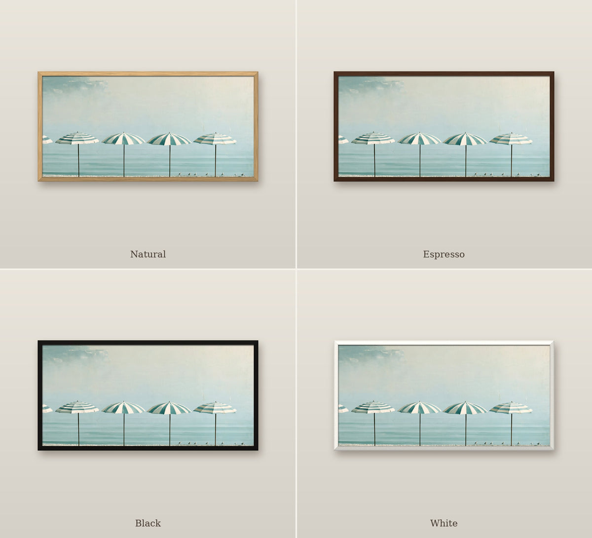 Matin sur la Plage framed canvas in four frame colors: Natural, Espresso, Black, White