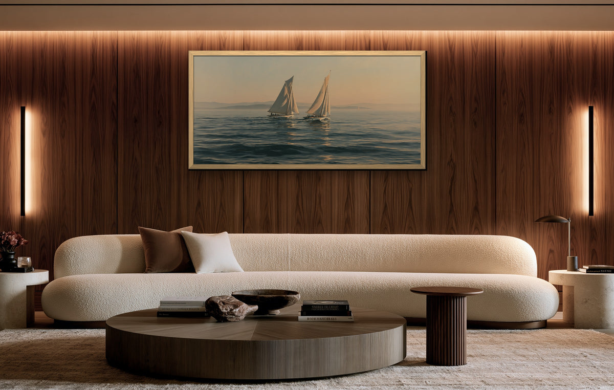 Deux Voiles framed canvas in a walnut-paneled living room