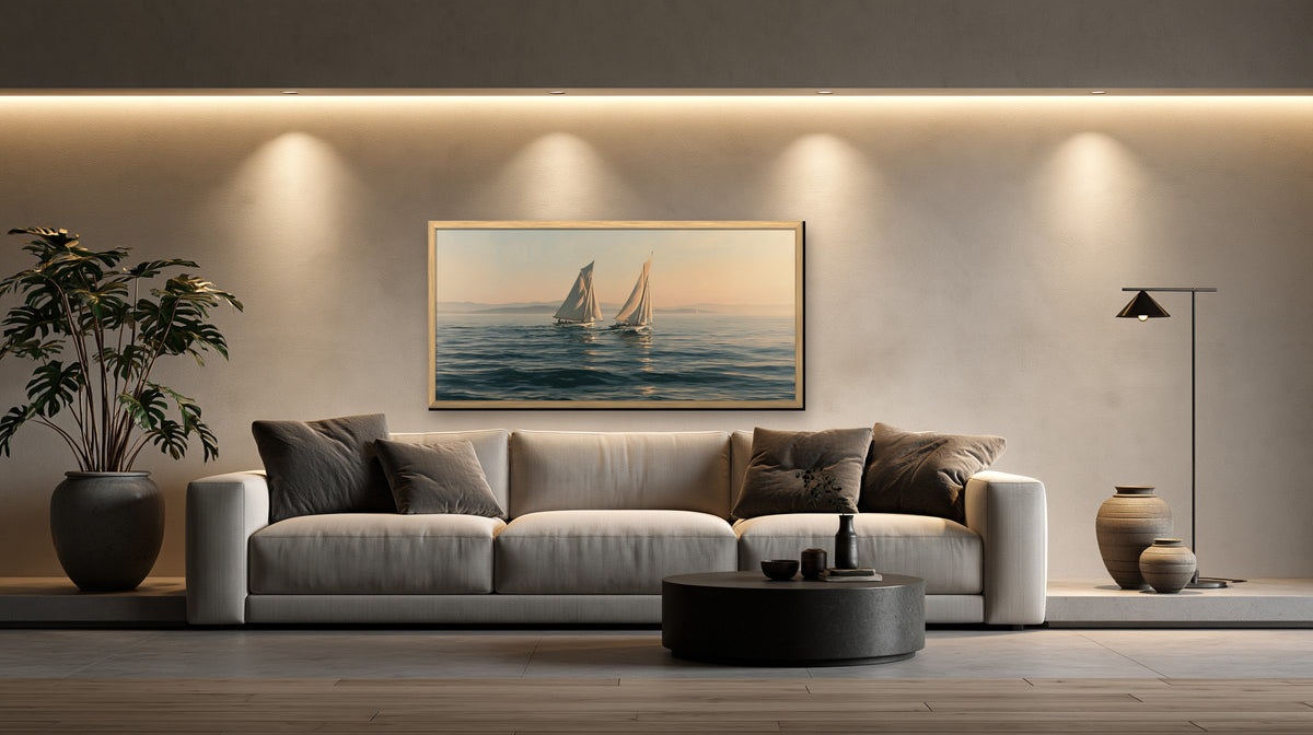 Deux Voiles framed canvas in a concrete loft living room