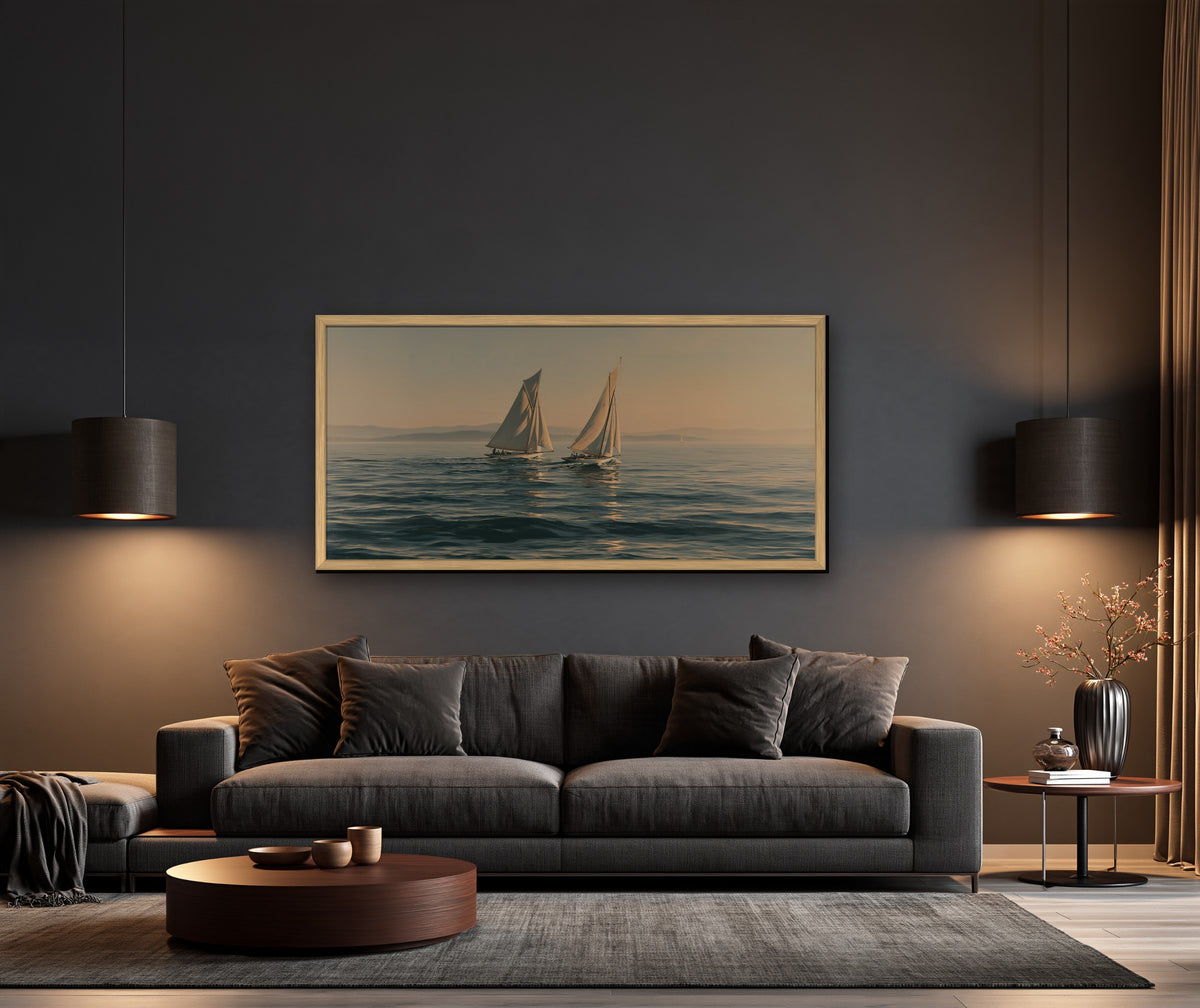 Deux Voiles framed canvas in a dark living room