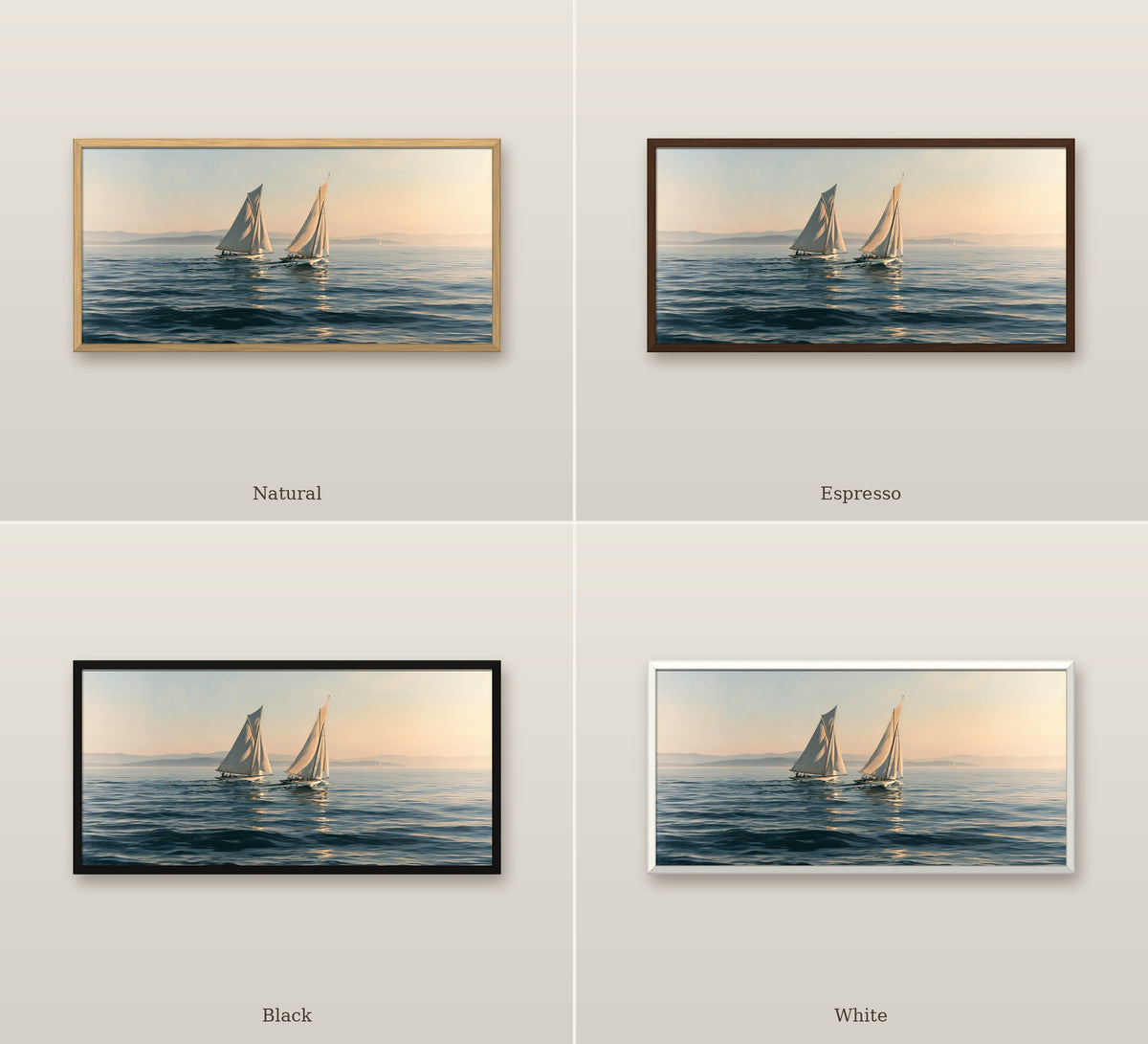 Deux Voiles framed canvas in four frame colors: Natural, Espresso, Black, White