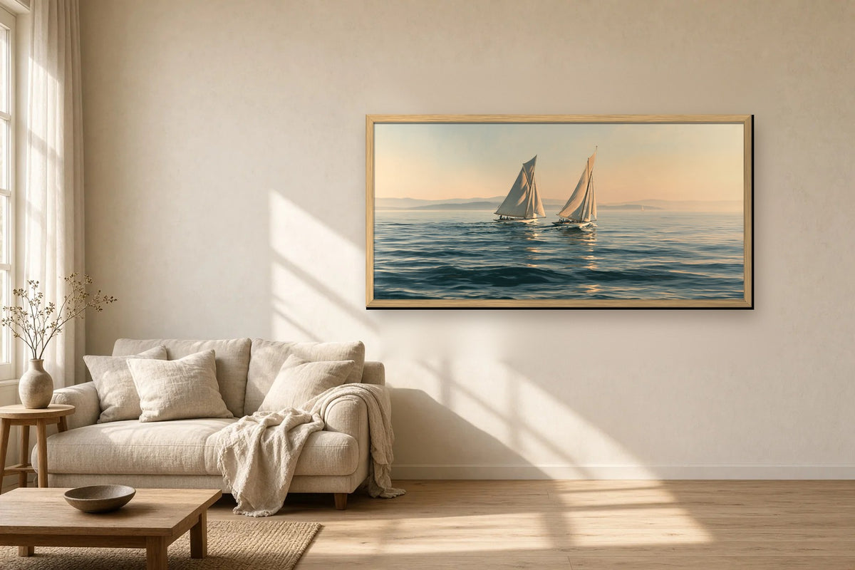 Deux Voiles framed canvas in a sunlit living room