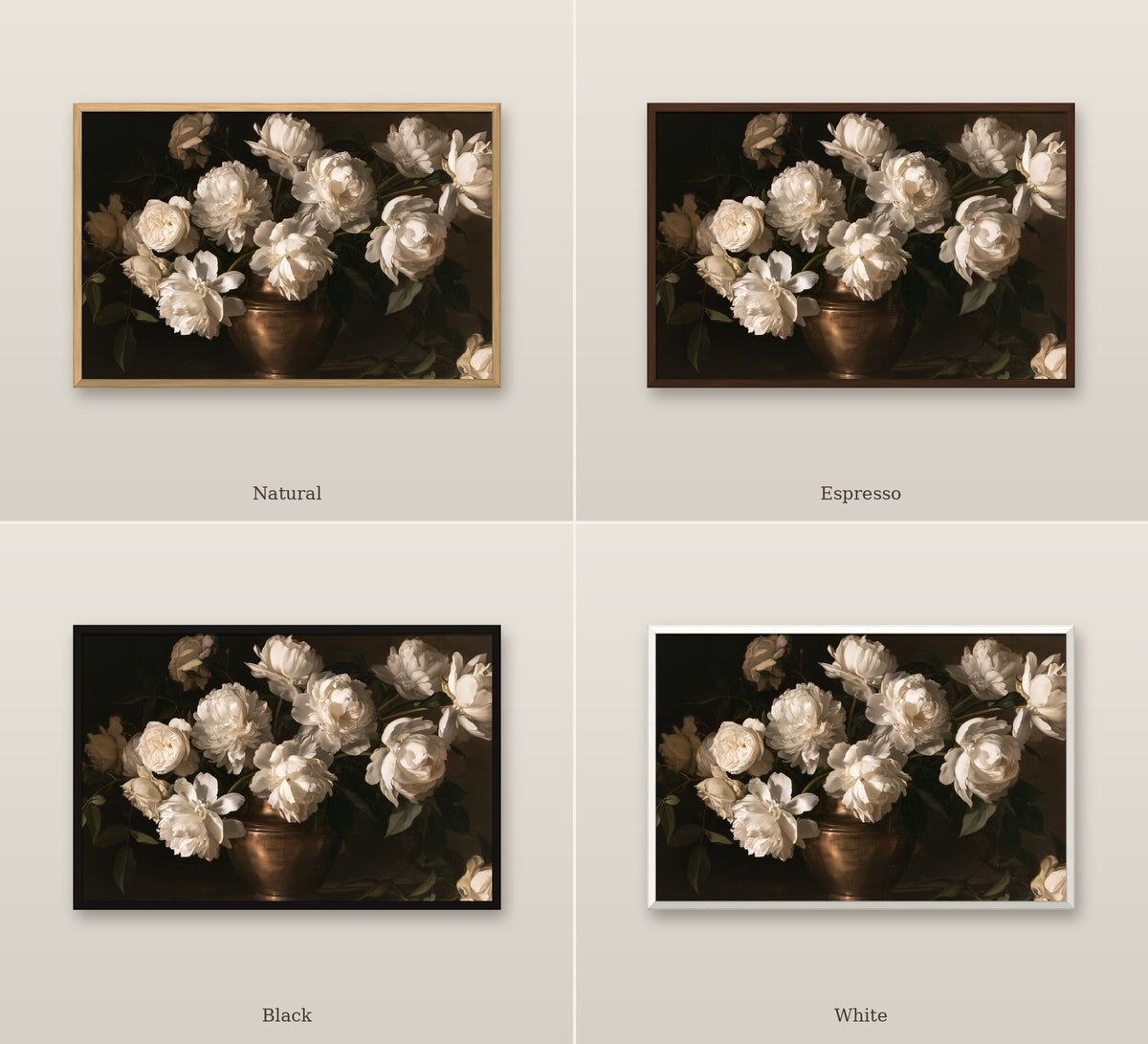 Pivoines Blanches framed canvas in four frame colors: Natural, Espresso, Black, White