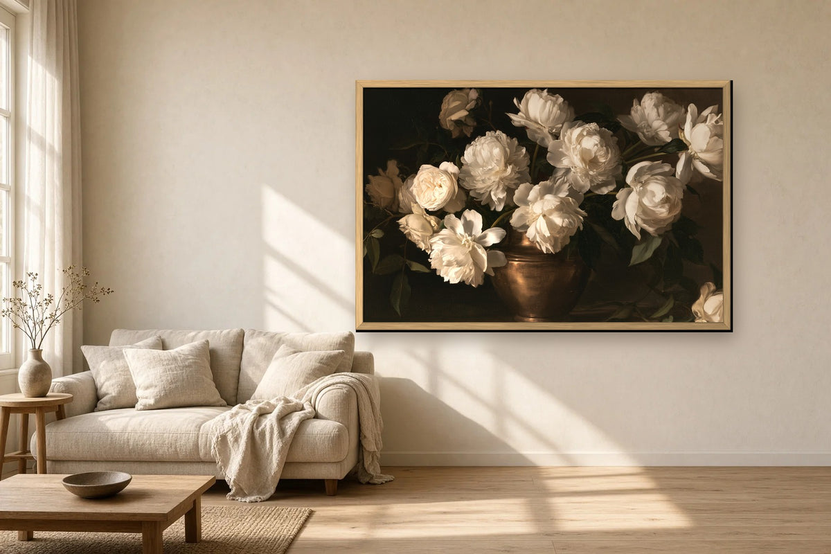 Pivoines Blanches framed canvas in a sunlit living room