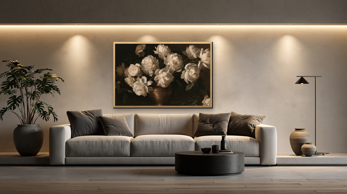 Pivoines Blanches framed canvas in a concrete loft living room