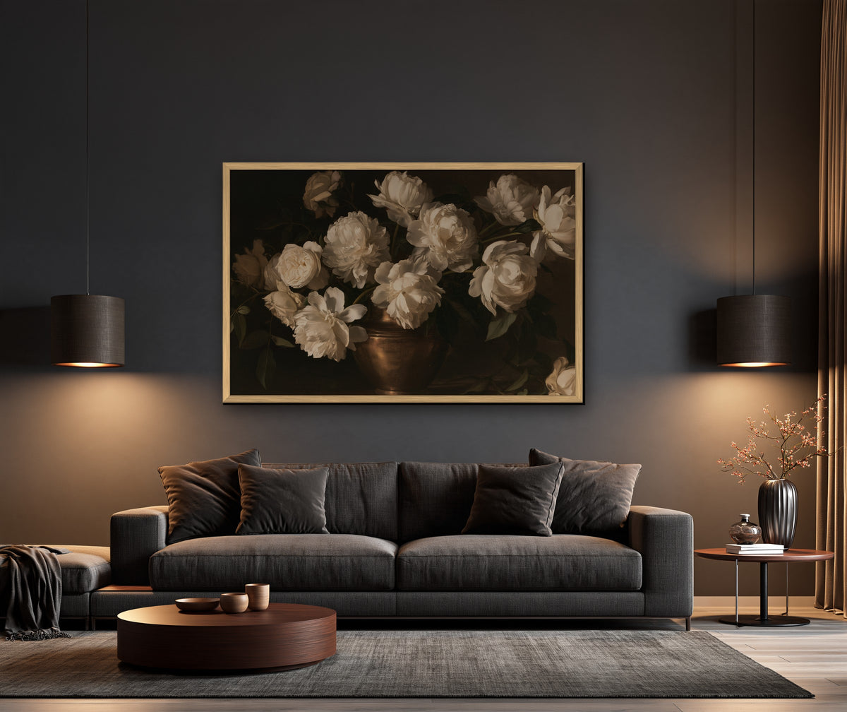 Pivoines Blanches framed canvas in a dark living room
