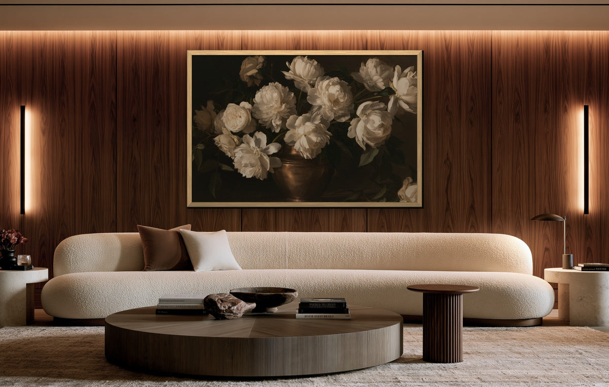 Pivoines Blanches framed canvas in a walnut-paneled living room