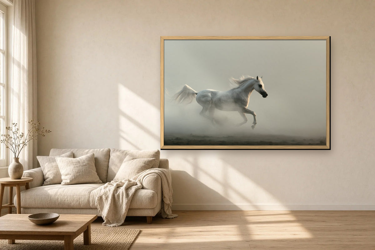 Cheval de Brume framed canvas in a sunlit living room