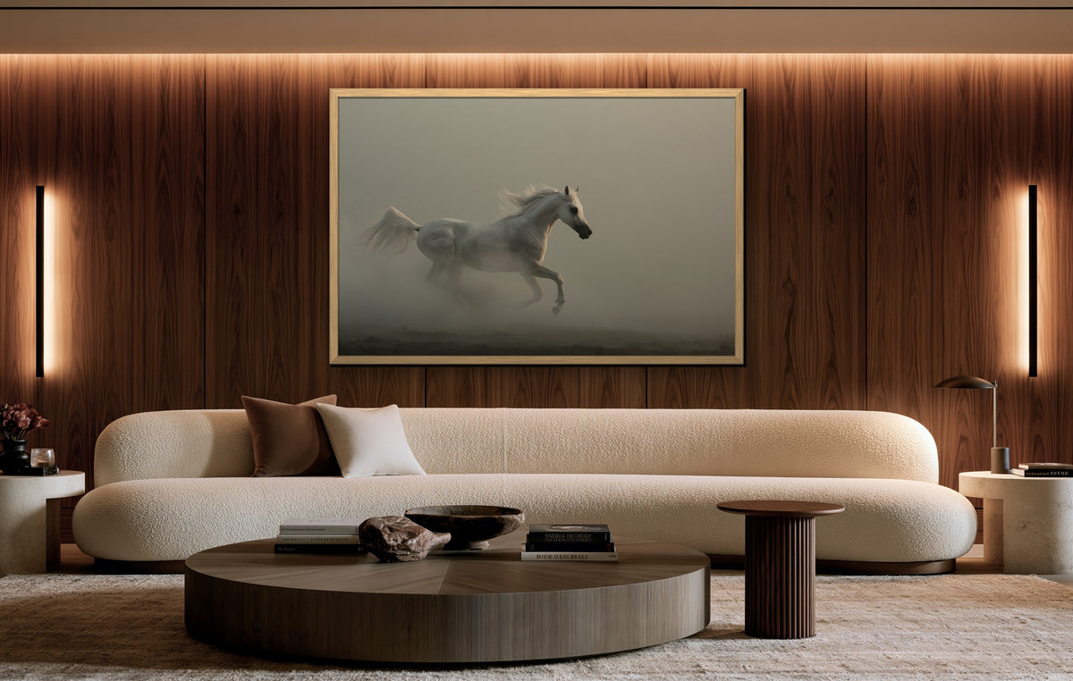 Cheval de Brume framed canvas in a walnut-paneled living room