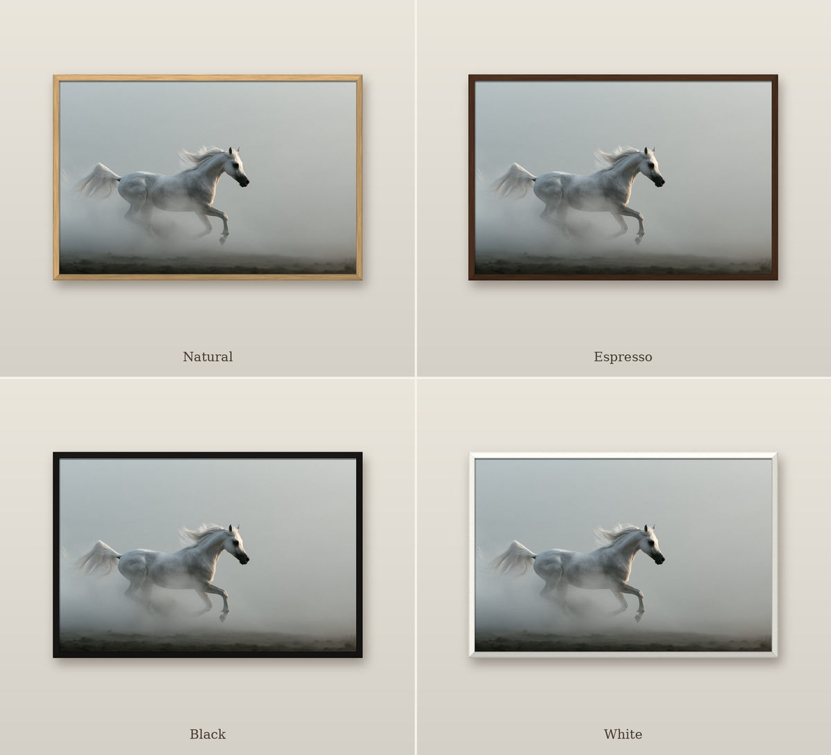 Cheval de Brume framed canvas in four frame colors: Natural, Espresso, Black, White