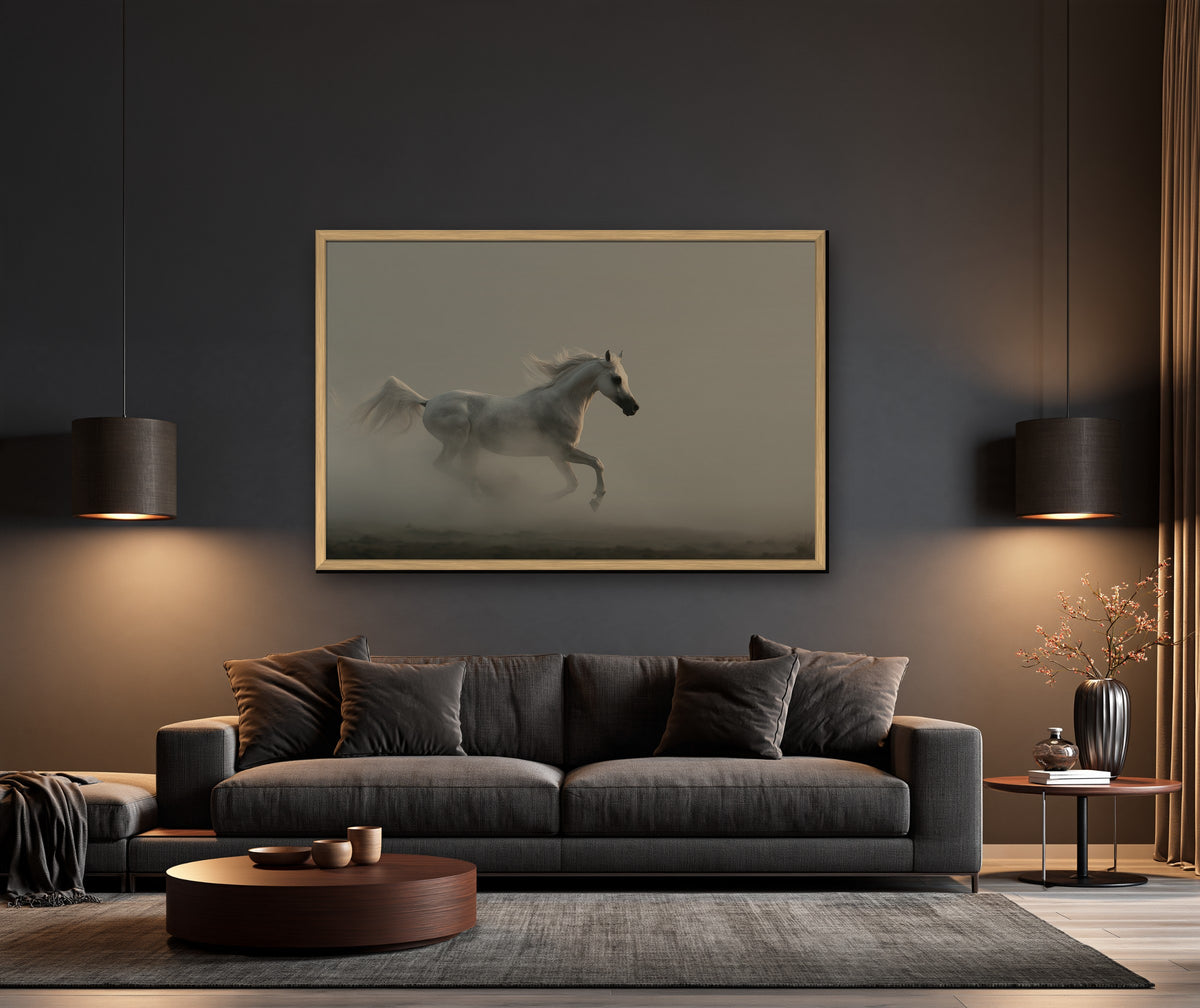 Cheval de Brume framed canvas in a dark living room