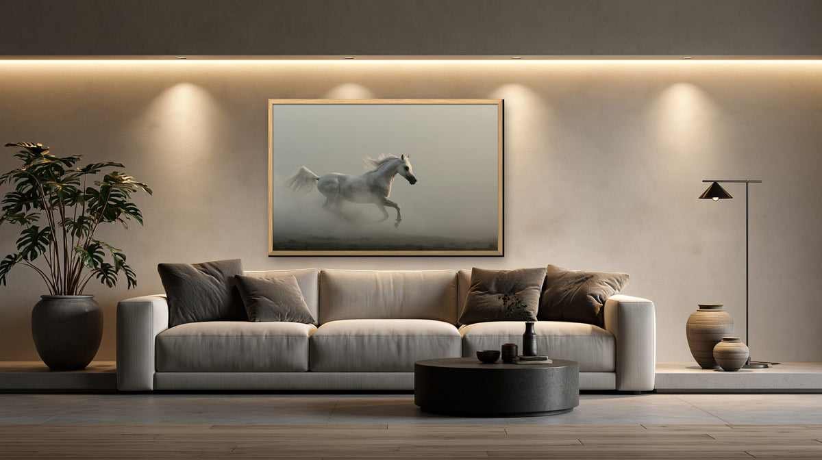 Cheval de Brume framed canvas in a concrete loft living room